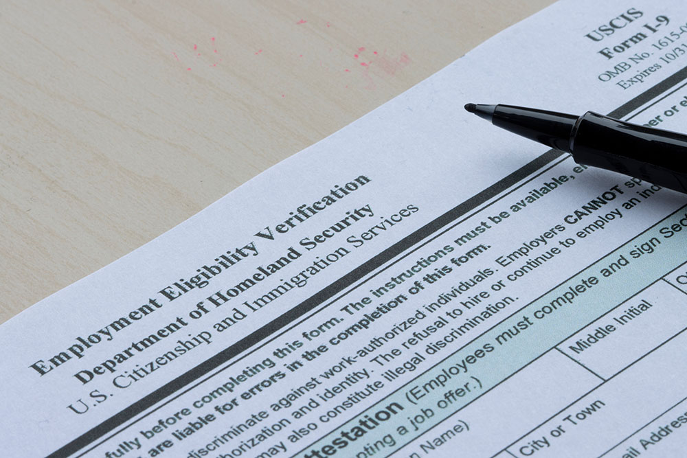 Closeup of Form I-9, Employment Eligibility Verification, issued
